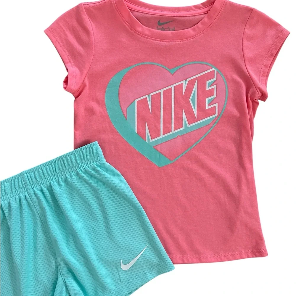 NWT Nike Girls Size 6 Coral Heart Logo Tee Aqua Shorts 2PC Outfit Set - Picture 5 of 5